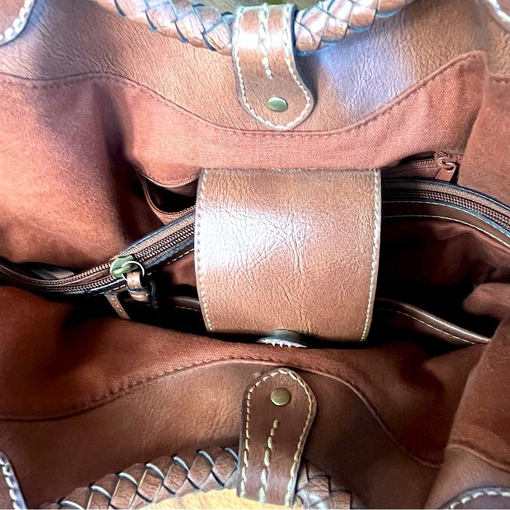 Fossil Vintage Striped Canvas Satchel Braided Leather Circle Handles Boho Bag - Picture 10 of 10